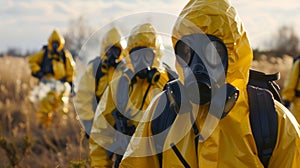 A team of hazardous materials technicians equips themselves with gas masks and protective suits as they ready themselves