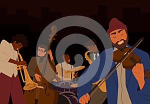 Team of hipster male jazz band playing at musical instrument isolated on black background. People play on saxophone