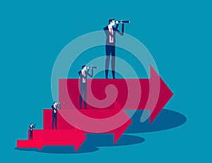Team holding binoculars and standing on arrows of different heights and sizes. Business vision vector illustration concept
