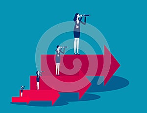 Team holding binoculars and standing on arrows of different heights and sizes. Business vision vector illustration concept