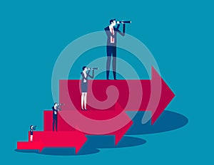 Team holding binoculars and standing on arrows of different heights and sizes. Business vision vector illustration concept