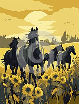 A team of horses galloping through a field of sunflowers a scene of romantic escapism from the industrialized age
