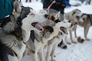 team of huskies panting, taking a break, with musher checking paws