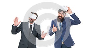 Team of innovators. Men vr glasses modern technology white background. Virtual business. Online business concept. Men photo