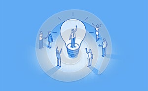 Team leader inspiration inside glowing light bulb . Happy brainstorm result. Isometric vector business illustration