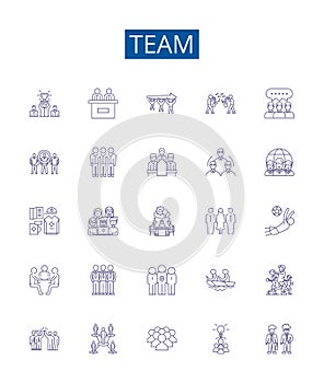 Team line icons signs set. Design collection of Squad, Crew, Group, Unit, Alliance, Faction, Club, Fraternity outline photo