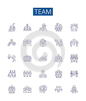 Team line icons signs set. Design collection of Squad, Crew, Group, Unit, Alliance, Faction, Club, Fraternity outline photo