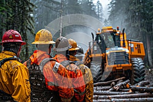 Team of loggers in rain gear observing logging site with heavy machinery photo