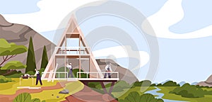 Team of male constructors building modern wooden house near river vector flat illustration. Group of craftsmen making