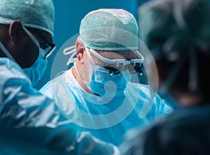 Team of medical doctors performs surgical operation in modern operating room using high-tech technology. Surgeons are