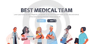 team of medical professionals mix race doctors in uniform standing together medicine healthcare concept