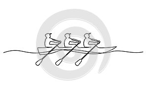 Team member rowing boat Teamwork concept. Continuous one line drawing