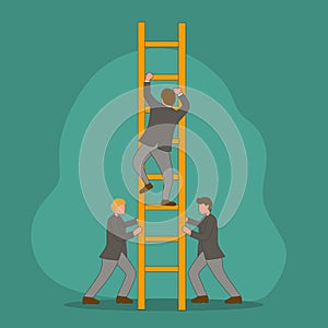 team members support their leader to climb the ladder to reach the sky to reach success. Trendy business teamwork concept. Modern