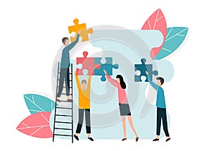 Team members working together to achieve common goal, doing puzzle together, vector illustration in flat style