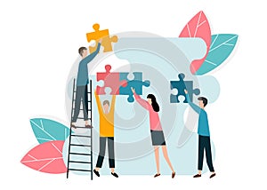 Team members working together to achieve common goal, doing puzzle together, vector illustration in flat style photo