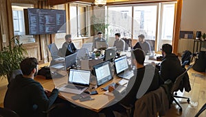 Team of men developing software in a modern tech office