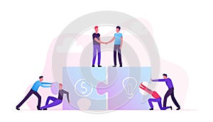 Team Metaphor. Business People Connecting Puzzle Elements. Teamwork Cooperation, Partnership. Businessmen Handshake