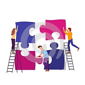 Team metaphor, people connecting puzzle elements. Symbol of teamwork, cooperation, partnership. Business concept, flat