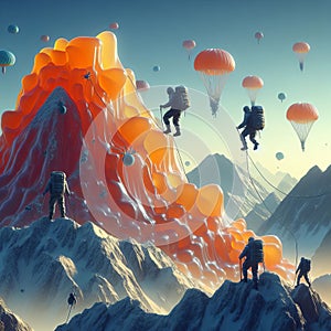 A team of mountaineers scaling a mountain made of jelly, photre photo