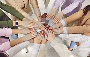 Team of multiracial business women joining their hands to show the concept support and teamwork