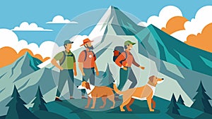 A team of park rangers traverse through a rugged mountain range their trusty canine partners equipped with GPS trackers photo