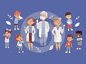 Team of pediatrician doctors with ill children banner vector illustration. Otorhinolaringologist physician with photo