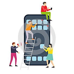 Small people creating interface on smartphone