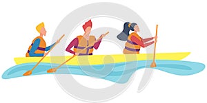 Team of people in life vests floating in kayak, kayaking water sport