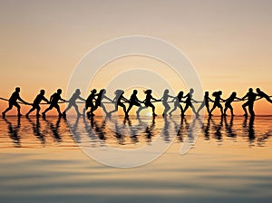 A team of people pulling a line and playing tug of war.