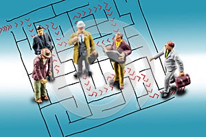 Team of people solving a difficult maze problem, finding best possible solution