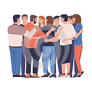 Team of people standing together and hugging. Friendship, team spirit, trust and support concept vector illustration