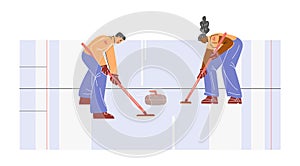 Team playing curling sport game on ice rink, vector cartoon competition with curling rock and broom players glides brush