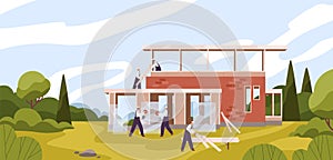 Team of professional builders constructing residential house vector flat illustration. Male workers carrying glass