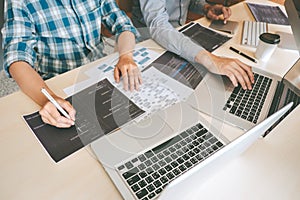 Team of Professional Developer programmer cooperation meeting and brainstorming and programming in website working a software and