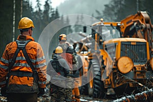 Team of professional loggers with equipment in a forest photo