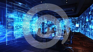 Team of professionals analyzing data on holographic displays in a modern control room