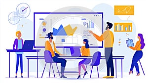 Photorealistic image of a project manager presenting in a remote meeting, with progress visuals and a collaborative team setup