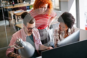 Team of programmers writing digital code in the metaverse and working together on the internet