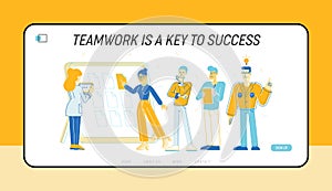 Team Project Development, Teamwork Process Website Landing Page. Business People Communicate at Board Meeting