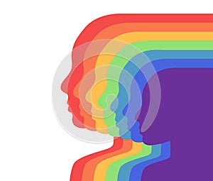 Team rainbow people in profile. Layered illustration. Unity and recognition of orientation. Colorful silhouettes. Vector template