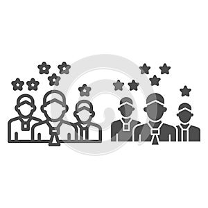 Team with rating stars line and solid icon, business concept, staff with different work experience vector sign on white