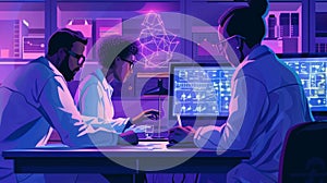 A team of researchers confer over a computer screen analyzing data and brainstorming new ways to improve the production