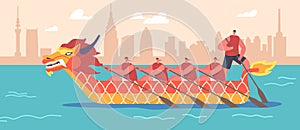 Team Rowing Dragon Boat on Cityscape Background, Kayaking Sports Competition. People in Canoe during Chinese Festival