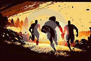 Team of rugby players running across field in rays of setting sun, generative ai