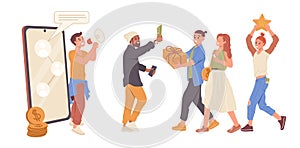 Team of salesman characters attracting audience by referral program with opportunity to earn money photo