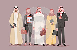 Team of saudi office workers, arab company with cartoon man woman employee characters