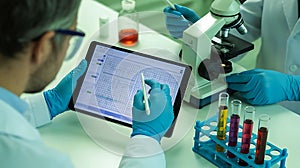 Scientists Working in Laboratory Analyzing Data on Tablet Using Microscope and Test Tubes for Research