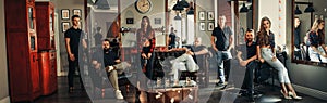 Team from seven barbers in modern barbershop.
