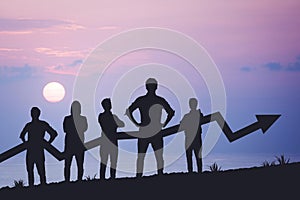 Team silhouette and up graph arrow on sunset background, leadership and teamwork concept