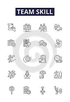 Team skill line vector icons and signs. problem-solving, communication, adaptability, organization, creativity, planning